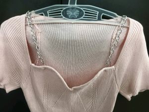 Korean Pink Top With Chain Detail