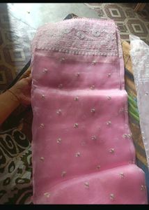 Pink Embroidery saree with white blouse piece