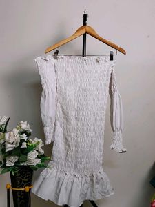 White Off-Shoulder Smocked Mini Dress