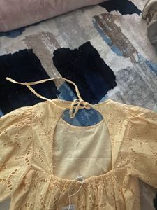 Yellow Eyelet Crop Top - Puff Sleeves