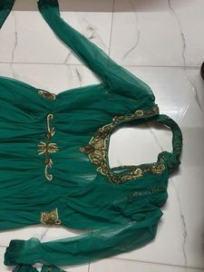 Emerald Green &amp; Gold Embroidered Anarkali Suit