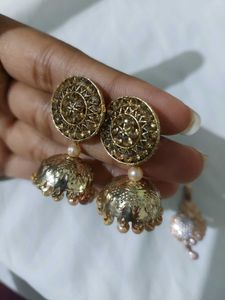 Golden Jhumka Earring And Pendant Charm