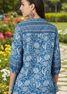 Blue Floral Print Tunic Top