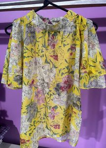 Yellow Floral Cutout Shoulder Blouse For Women
