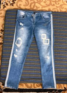 Distressed Jeans with Side Stripe