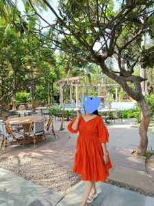 Orange Puff Sleeve / V Neck Midi Dress For Women