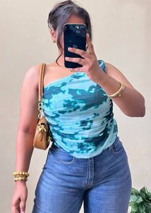 Aqua Green Marble Print One Shoulder Mesh Top
