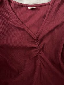 Burgundy Ribbed V-Neck Top
