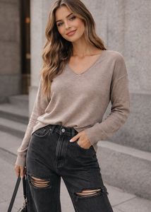 Taupe V-Neck Knit Top (Size M)