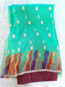 Teal Embroidered Sari with Striped Detail