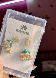 Beautiful Teal Blue &amp; Gold Enamelled Earrings