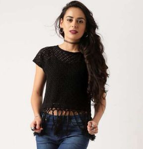 Black Lace Fringe Crop Top