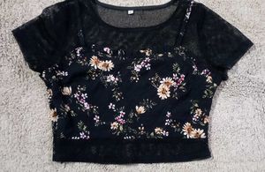 Floral Print Crop Top with Mesh Trim