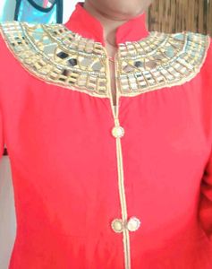 Red Mirror Work Fish Cut Long Gown
