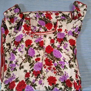 Floral Red - Off White Churidar Top