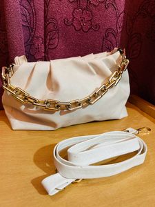 White Hand Bag With Golden Chain For Hanging