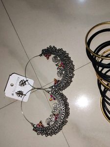 Oxidized Peacock Hoop Earrings &amp; Black Bangles🎉🎊