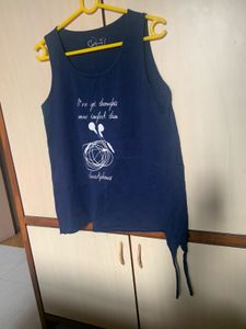 Navy Blue Pure Cotton Printed Tank Top