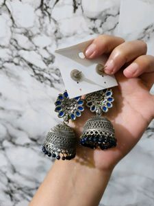 Women Fashion Earrings Blue Stones Oxidised Silver