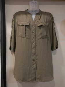 (Cover Story)Olive Shirt With Printed Sleeve Panel