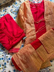 Women's Red Viscose Printed Ethnic Sets