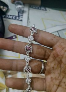 925 Silver  Floral  With Dark Pink Stone Bracelet