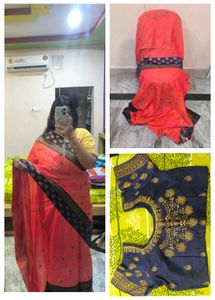 Elegant Coral & Navy Saree