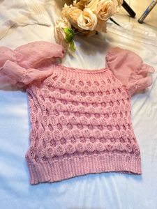 Pink Knit Top with Sheer Sleeves
