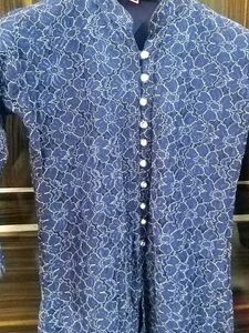 Printed Blue Kurta With Golden Plazoo