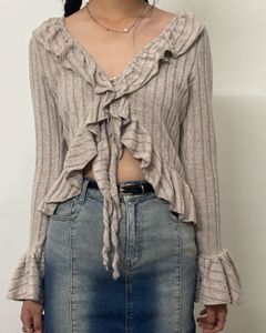 Ruffled Knit Top with Tie Front