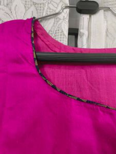 Pink Silk-Cotton Kurti with Black &amp; Gold Panel – E