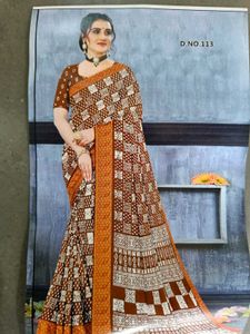Brown &amp; White Printed Saree
