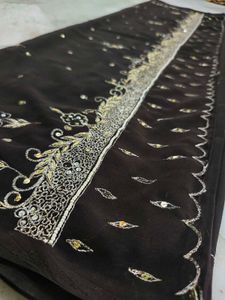Aari  Zardozi Work Saree Dark Brown Sare