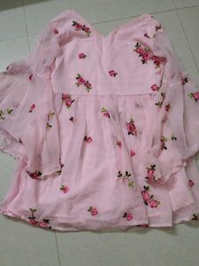 Pink Floral Embroidered Flared Sleeve Top
