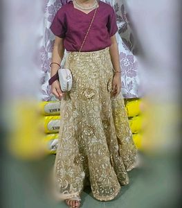 Gold Floral Embroidered Maxi Skirt