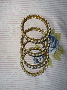 Golden Bangles With White Beads (Set of 4)
