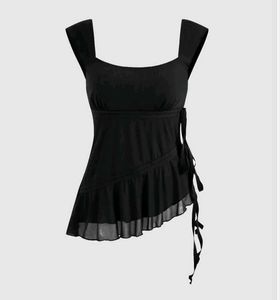 U Neck Line Asymmetrical Ruffle Trim Knoted Top