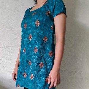 Teal Green Women Short Sleeve Kurta