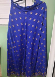 Flared Skirt - Blue And Golden Printed
