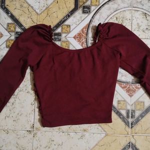 Full Sleeves Maroon Ruched Crop Top
