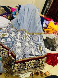 Elegant Blue &amp; Grey Saree&amp;lehenga 2 in one