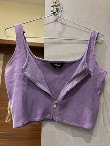Purple Ribbed Zip-Up Crop Top