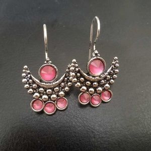 Pink Stone Crescent Earrings