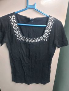 Black Top with Embellished Neckline