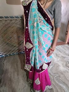 Heavy Women Cyan And Pink StoneWork Saree