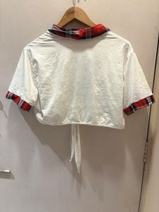 Tie-Front Plaid Trim Top