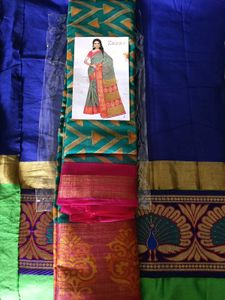 NewSilkSaree SeaGreen&PinkBorder WithUnstichedBlou