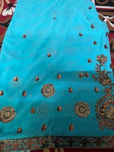 Traditional Turquoise Embroidered Saree with Golde