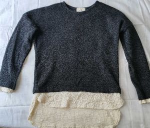 Gray Knit Sweater with Lace Trim