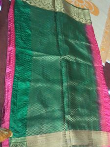 Peach/Pink &amp; Green Saree With Stitched Blouse